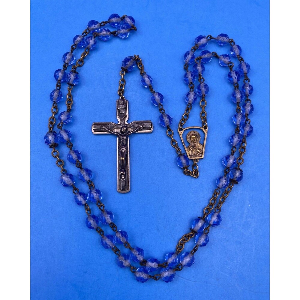 Vintage Beautiful Blue Givre Faceted Glass Rosary, Jesus, Christianity, 20.5”